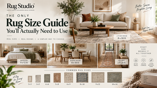 Common rug sizes guide showing 2x3, 3x5, 4x6, 5x8, 6x9, 8x10, 9x12 and 10x14 rugs for living room, bedroom, dining room and hallway