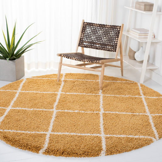 Mustard Round Trellis Microfiber Super Soft Anti Skid Shaggy Rug