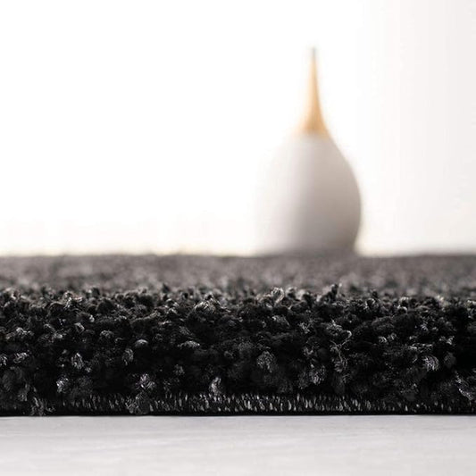 Black Handcrafted Round Solid Microfiber Plush Anti Skid Shaggy Carpet