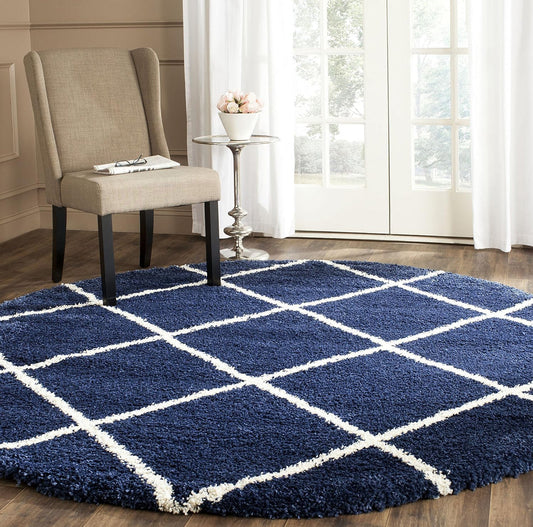 Navy Blue Round Trellis Microfiber Super Soft Anti Skid Shaggy Rug