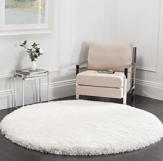 Pure White Handcrafted Round Solid Microfiber Plush Anti Skid Shaggy Carpet