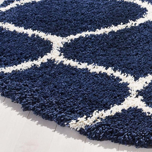 Round Floral Teal Blue & White Shaggy Carpet