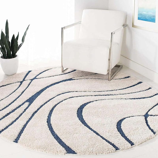 Round Off White & Blue Shaggy Carpet