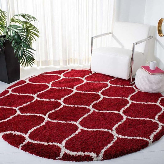 Round Red & White Moroccan Shaggy Carpet