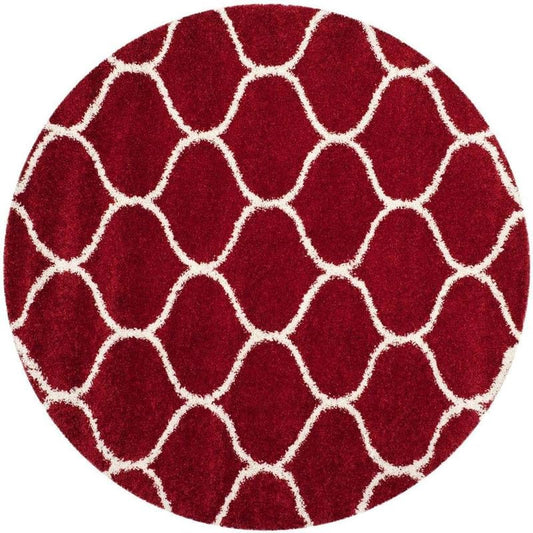 Round Red & White Moroccan Shaggy Carpet