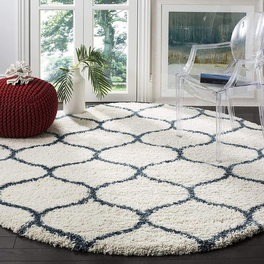 Round Handcrafted White & Blue Moroccan Shaggy Carpet