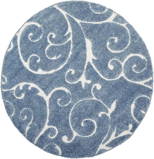 Round Floral White & Blue Shaggy Carpet