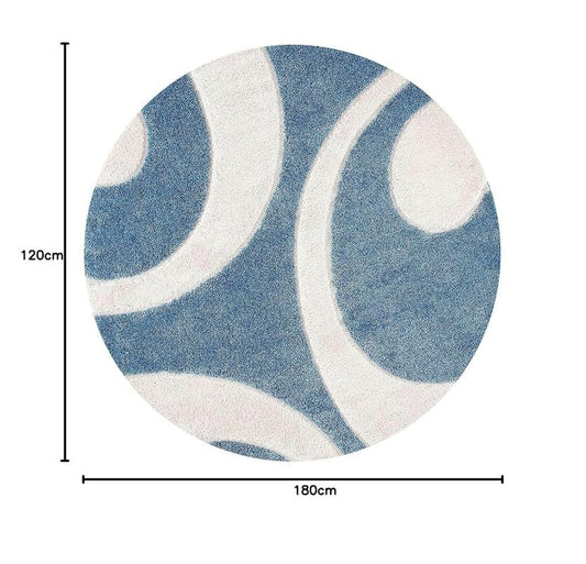 Round Blue & White Handcrafted Shaggy Carpet