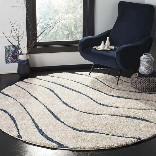 Round Cream & Blue Handcrafted Shaggy Carpet