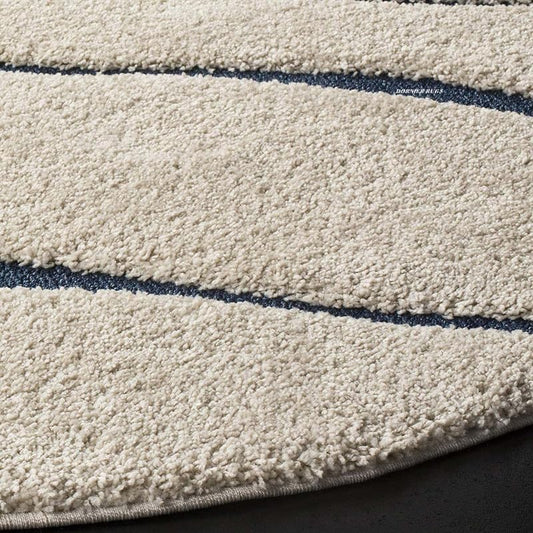 Round Cream & Blue Handcrafted Shaggy Carpet