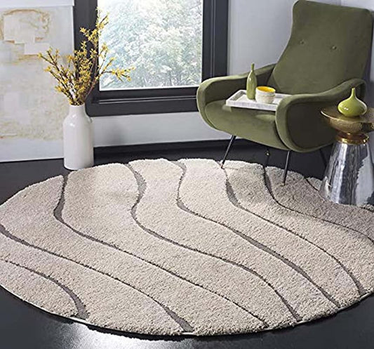 Round Beige & Brown Super Soft Shaggy Carpet