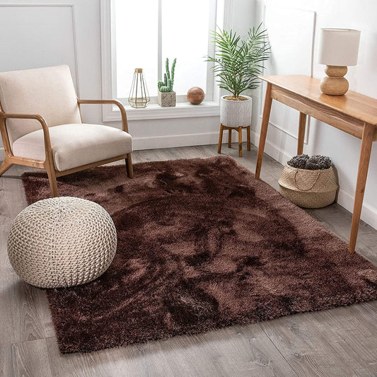 Dark brown carpet with thick shaggy texture styled in a modern living room