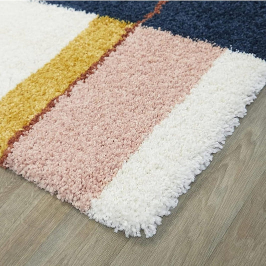 Blue & Mustard Abstract Line Shaggy Carpet