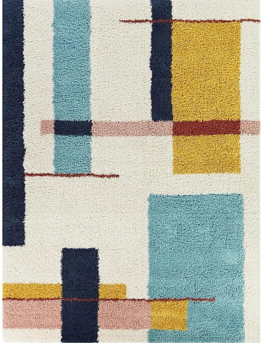 Blue & Mustard Abstract Line Shaggy Carpet