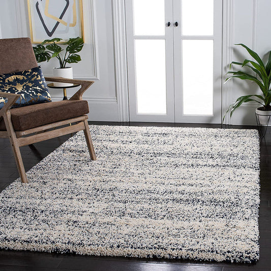 Cream & Blue Striped Textured Shaggy Carpet