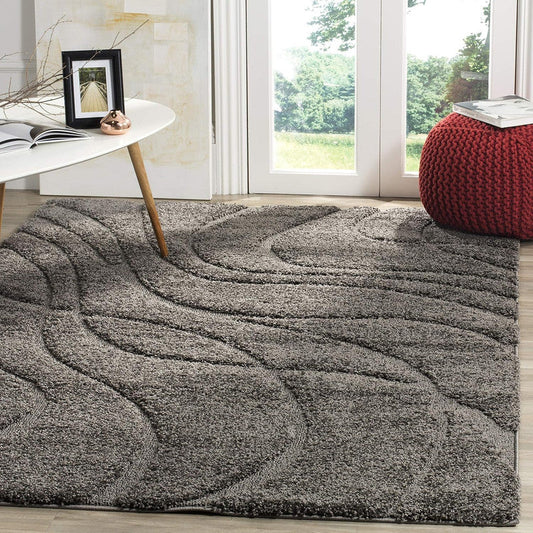 Dark Grey Wave Textured Shaggy Carpet