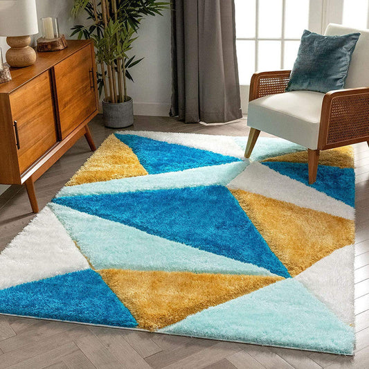 Blue Aqua White Mustard Geometric Shaggy Carpet