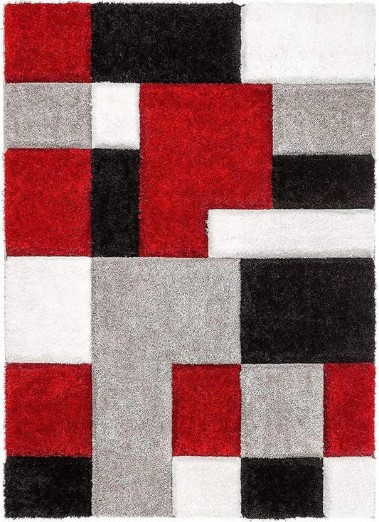 Red Black & Grey Geometric Block Shaggy Carpet