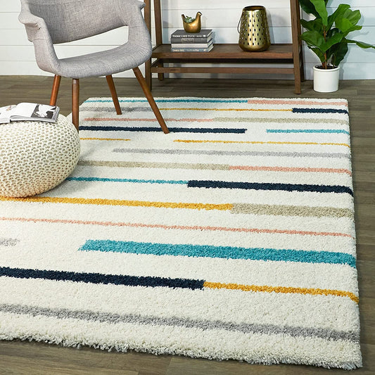 Ivory Multicolor Abstract Shaggy Carpet