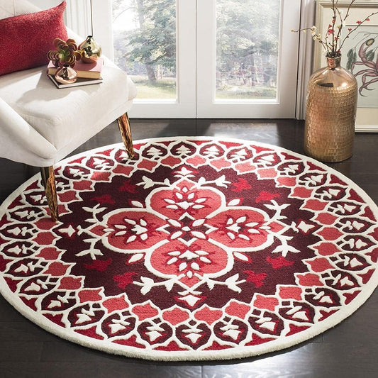 Red round carpet with traditional medallion design styled in a modern living room