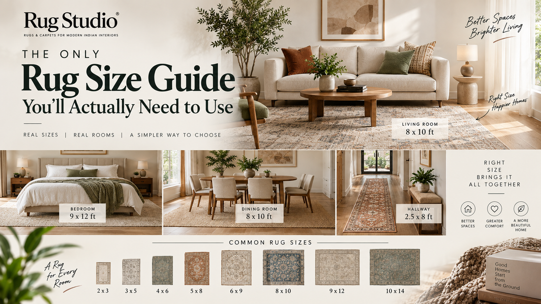Common rug sizes guide showing 2x3, 3x5, 4x6, 5x8, 6x9, 8x10, 9x12 and 10x14 rugs for living room, bedroom, dining room and hallway