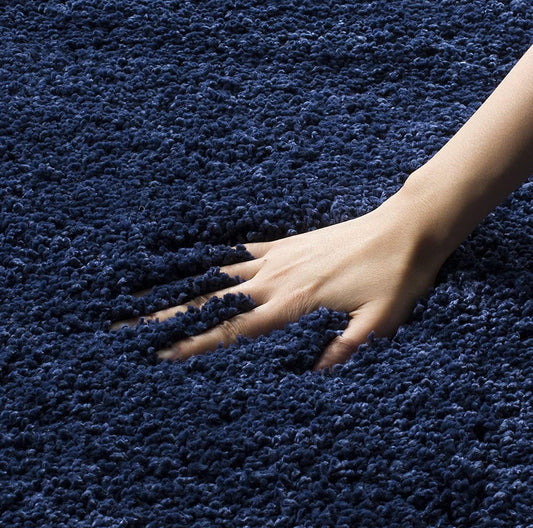 Navy Blue Handcrafted Round Solid Microfiber Plush Anti Skid Shaggy Carpet