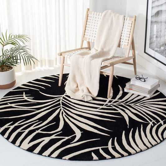 Black Tropical Leaf Round Carpet