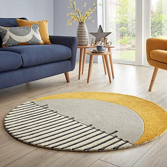 Contemporary Yellow & Grey Round Carpet
