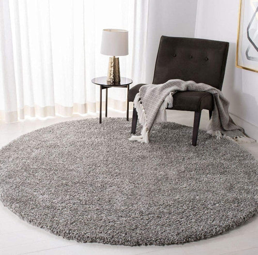 Silver Handcrafted Round Solid Microfiber Plush Anti Skid Shaggy Carpet