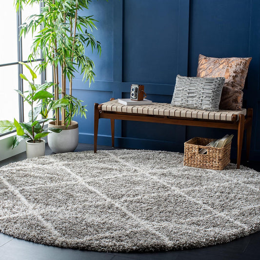 Brown & Ivory Round Trellis Microfiber Super Soft Anti Skid Shaggy Rug