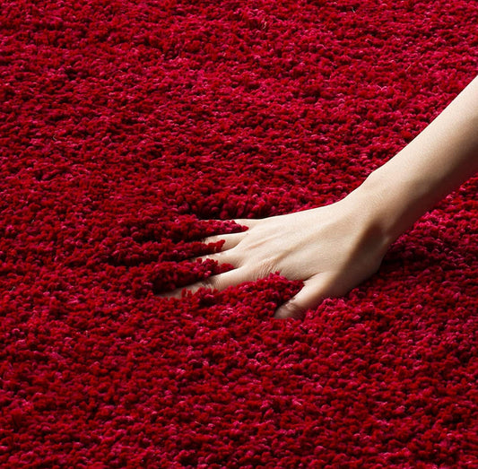 Red Handcrafted Round Solid Microfiber Plush Anti Skid Shaggy Carpet