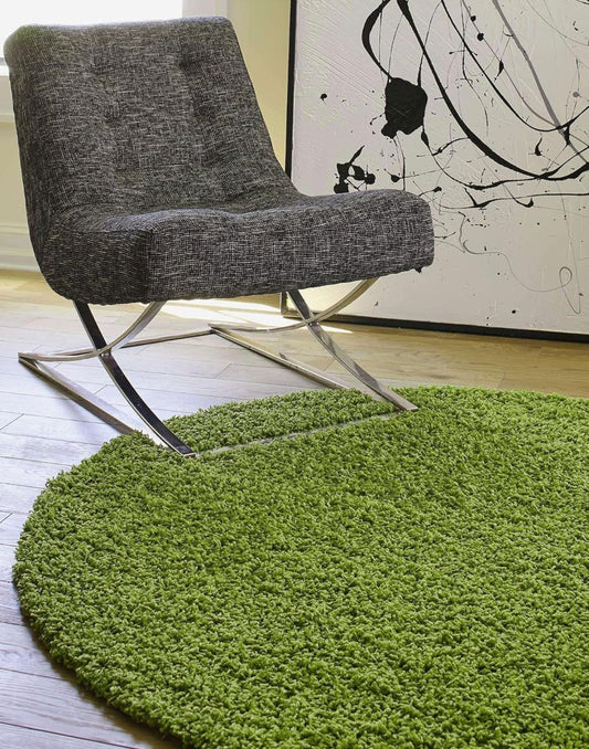 Green Handcrafted Round Solid  Shaggy Carpet