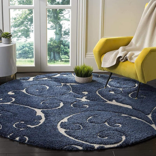 Round Floral Teal Blue & White Shaggy Carpet