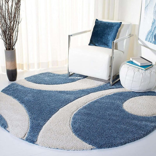 Round Blue & White Shaggy Carpet