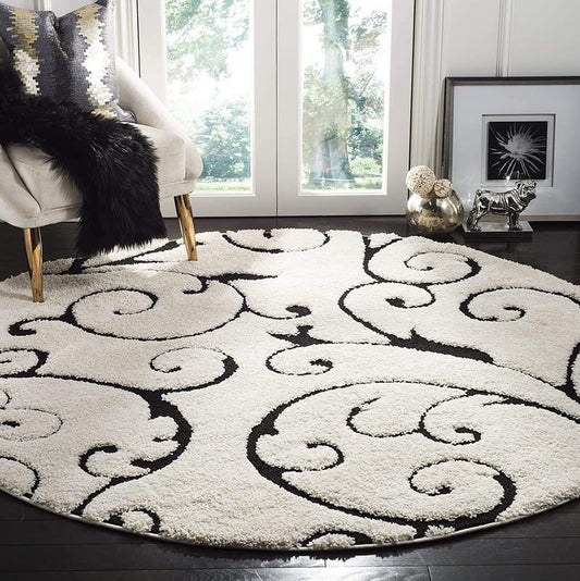 Round Floral White & Black Shaggy Carpet