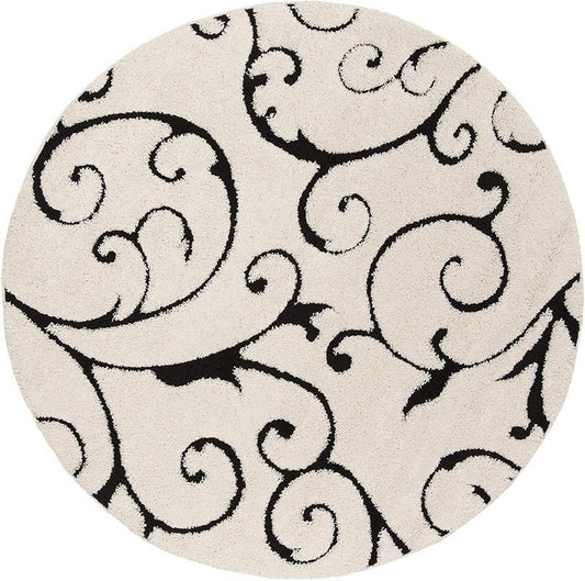 Round Floral White & Black Shaggy Carpet