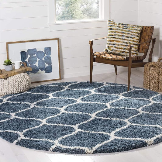 Round White & Blue Shaggy Carpet