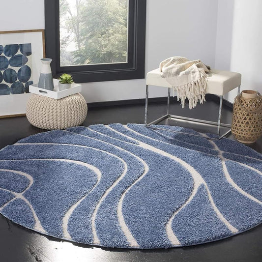 Round White & Blue Shaggy Carpet