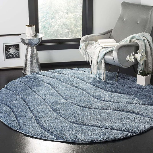 Round Teal Blue Handcrafted Shaggy Carpet