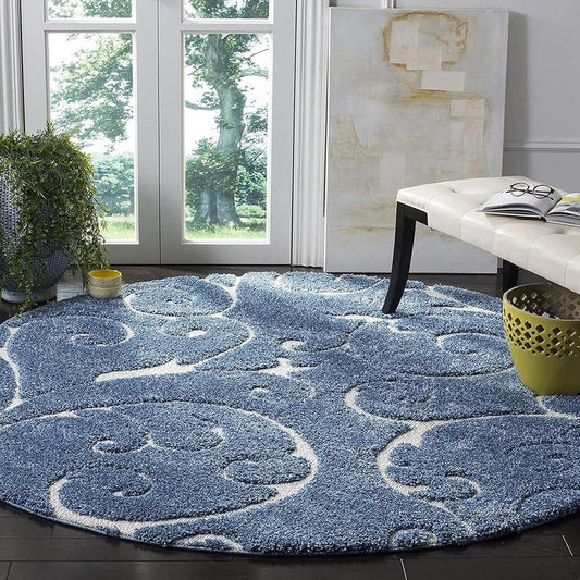 Round Floral White & Blue Shaggy Carpet