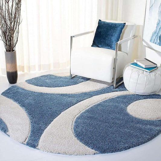 Round Blue & White Handcrafted Shaggy Carpet