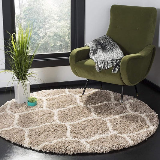 Round Brown & White Super Soft Shaggy Carpet