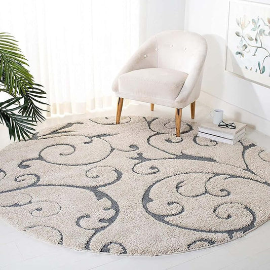 Round Floral Cream & Gray Handcrafted Shaggy Carpet