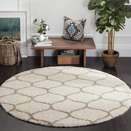 Round Cream & Brown Super Soft Shaggy Carpet