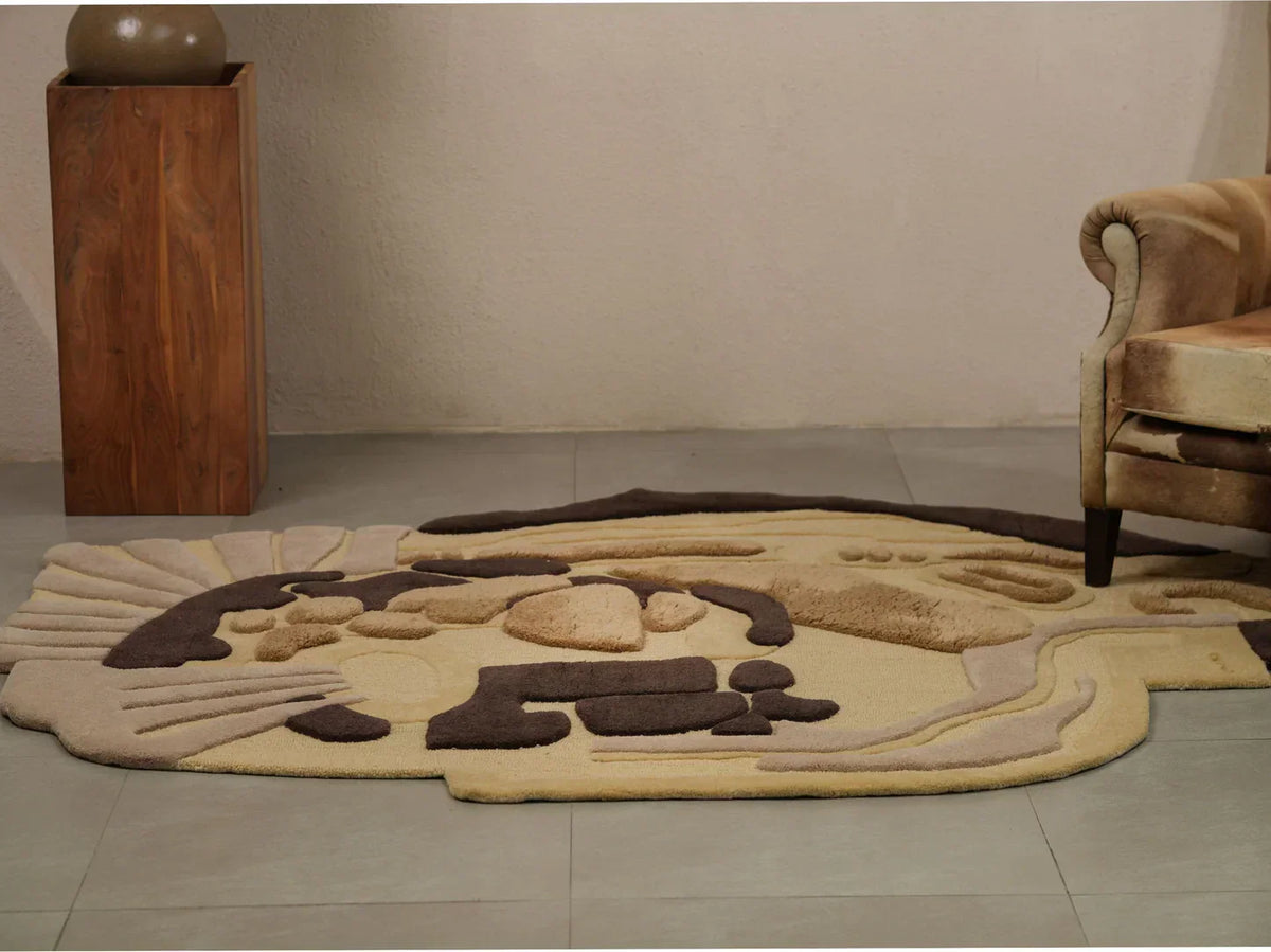 Beige brown abstract wool rug with sculptural high-low texture in a modern living room