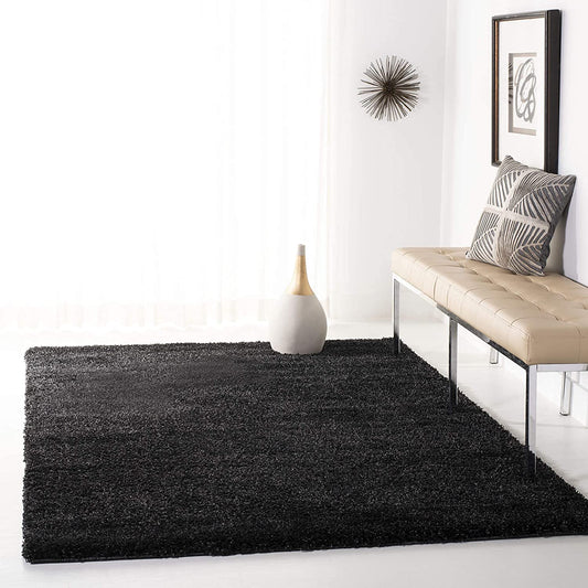 Solid Black Plain Area Shaggy Carpet