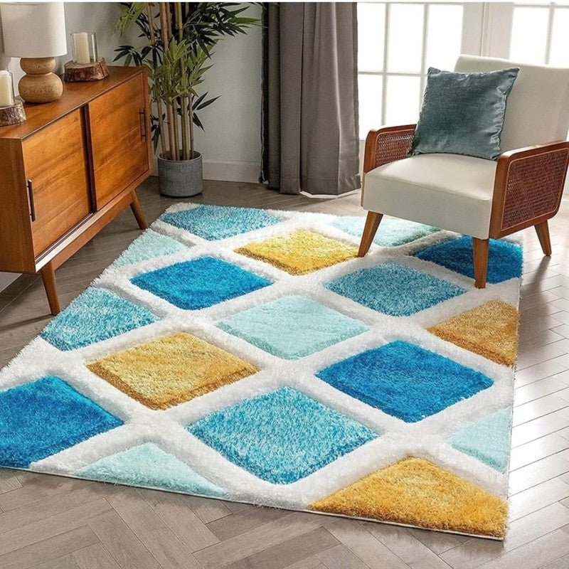 Blue and yellow rug with geometric diamond pattern and shaggy texture styled in a modern living room
