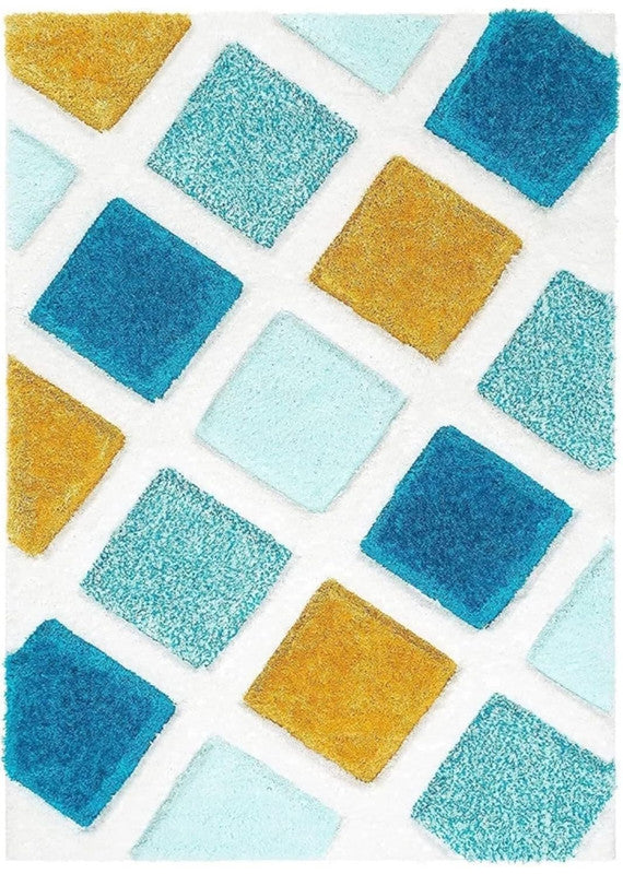 Blue and yellow rug with colorful diamond pattern and shaggy texture