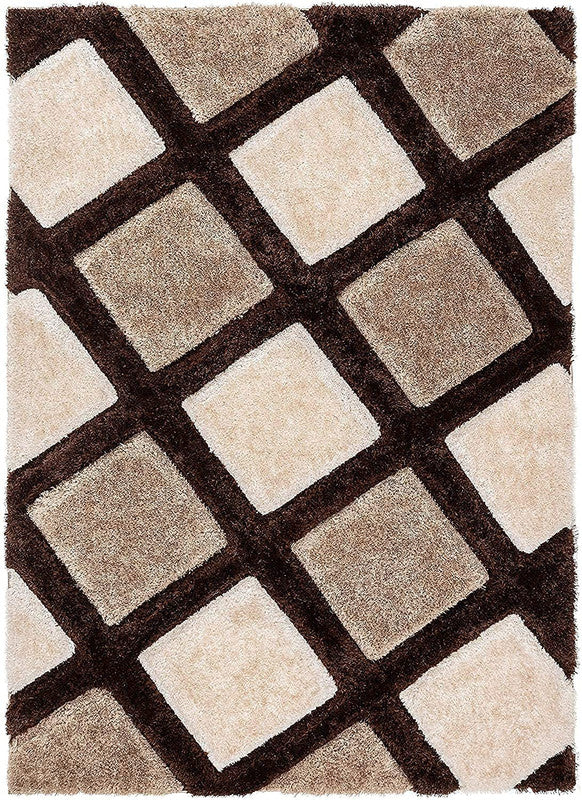 Carpet for wooden floor featuring brown and beige checkered geometric shaggy pattern