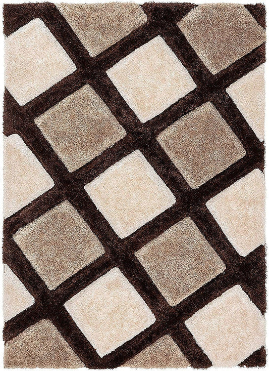 Carpet for wooden floor featuring brown and beige checkered geometric shaggy pattern